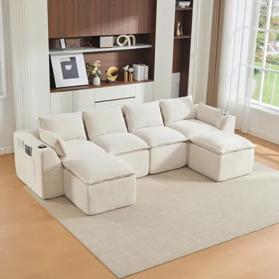 Produktbild von okwish 4-Sitzer-Sofa Ecksofa mit zwei Fußhocker, Wohnzimmersofa mit Kissen und Getränkehalter, Schlafsofa mit Seitentaschen,Cord,Beige