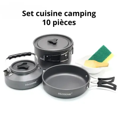 Image de Set de Cuisine Camping 10 Pièces – Batterie de Cuisine Outdoor avec Bouilloire et Poêle, Set de Casseroles en Aluminium Léger pour Camping, Randonnée