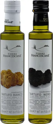Produktbild von Food-United Trüffel-Öl Set 2 x 250ml von TERRE FRANCESCANE Extra Natives Olivenöl mit weißem und schwarzem Trüffel-Aroma Premium-Trüffelöl aus Italien für Feinschmecker-innen Gourmetküche