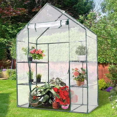 Produktbild von Gewächshaus, Foliengewächshaus mit 4 Ablagen, Treibhaus mit Aufrolltür&Eisenrahmen, Anzuchthaus, Pflanzenhaus für Blumen Gemüse Obst (143x73x195cm)