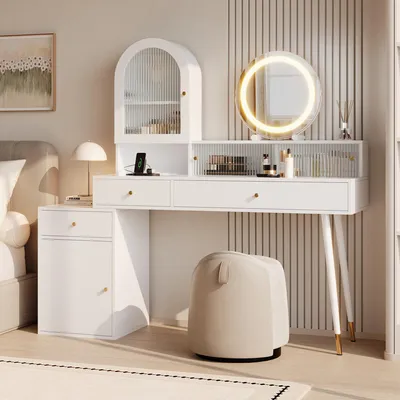 Image de Table de coiffure Flieks avec miroir LED, commode de maquillage avec fonction tiroir, commode de coiffure avec armoire et plateau en verre, 140x40x140 cm, blanc
