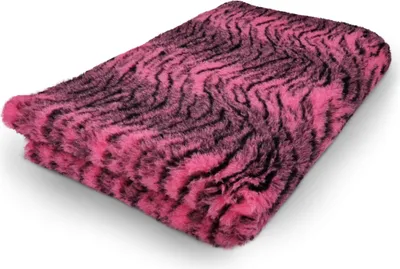 A folded blanket with a pink and black tiger stripe pattern.