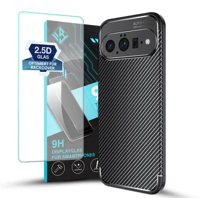 Produktbild von Handy Hülle für Google Pixel 11 / 11 Pro mit 9H Displayglas Displayschutz Carbon Look Cover Case Schutzhülle Farbe: Schwarz