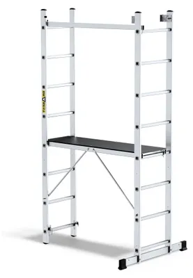 Produktbild von Leitergerüst - 3in1 Mehrzweckleiter - Trittleiter, Schiebeleiter, Baugerüst - Aluminium - 2,14 m lang - Arbeitshöhe 2,97 m - 2 x 8 Sprossen - 46x214x14 cm Arbeitsplattform - bis 150 kg