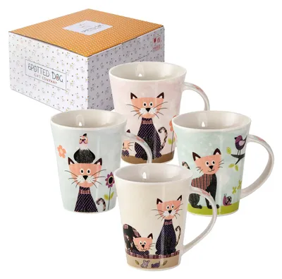 Produktbild von Set von 4 Keramischen Kaffeetassen mit schwarzem Katzenmotiv