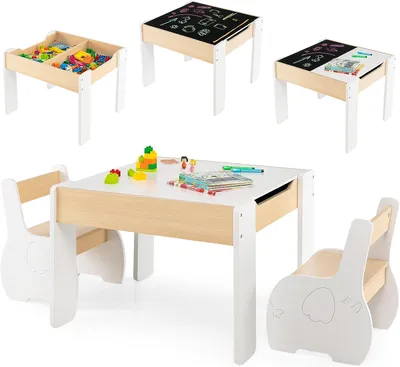 Produktbild von Kindertisch mit 2 Stühlen aus Holz, Kindermöbel Set, Kinder Tisch Stuhl Set, 3tlg. Kindersitzgruppe mit Stauraum und doppelsritge Tischplatte für Jungen und Mädchen (Weiß)