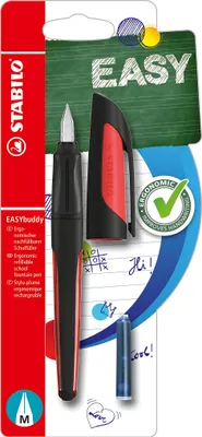 Image de Stylo d'école avec plume standard M - STABILO EASYbuddy en noir/rouge - couleur d'écriture bleu (effaçable) - stylo individuel - cartouche incluse