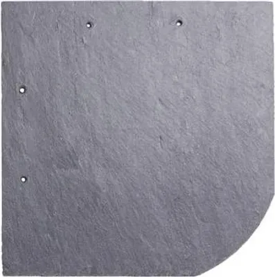 A single, square-shaped slate tile with a rounded corner and three visible holes for fastening.