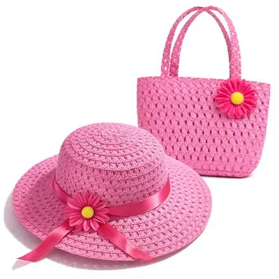 Productafbeelding van com-four® Zomerhoed voor meisjes met tas – Strohoedenset voor kinderen met bloem