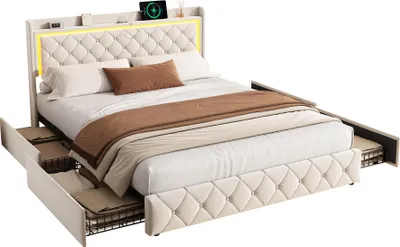 Productafbeelding van Moonbite bed met opbergruimte, 140x190 cm, fluweel, beige, RGB LED met 6000 kleuren, bedienbaar via app of afstandsbediening, 4 lades, USB- en Type-C poorten