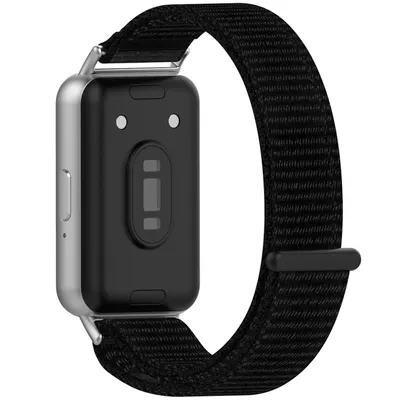 The back of a smartwatch with a black woven nylon band attached.