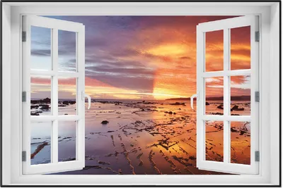 Produktbild von Wallario Wandbild mit Fenster-Illusion: Wattwanderung am Meer bei Sonnenuntergang, Größe: 61 x 91,5 cm, Poster mit schwarzem Aluminiumrahmen