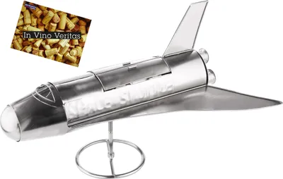 Produktbild von BRUBAKER Držiak na fľaše vína Space Shuttle - Kovový stojan na fľaše Rocket Space Shuttle - Strieborný kovový držiak na fľaše s blahoželaním