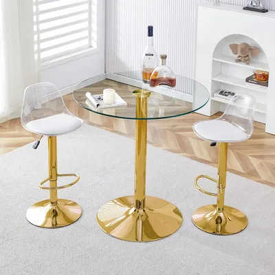 Produktbild von Modernes Bar-Set mit Rundem Glastisch Ø 89 cm & 2 Barhocker Acryl, Höhenverstellbar 82-104 cm & 360° Drehbar, Platzsparendes Bistrotisch-Set für Küche & Bar
