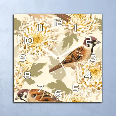 Produktbild von Deko Glasuhr Wanduhr 30x30 Gold Vögel & Blumen Quarz Küchenuhr Bürouhr