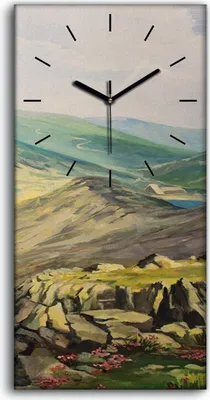Produktbild von Wanduhr Bürouhr Leinwand Bild Geräuschlos 30x60 Gemälde See Berge Landschaft - schwarze Hände