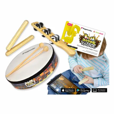 Obrázok produktu pre Voggenreiter Rhythmic Village Percussion Set, 5 ks, ručný bubon, bubon, tyče, jingle stick, aplikácia, výukový softvér, drevo, od 6 rokov, 1130