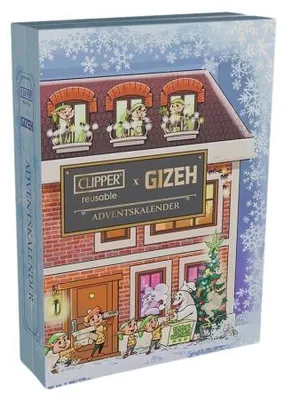 A Christmas advent calendar shaped like a house, decorated with festive imagery and characters.