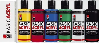 Zdjęcie produktu dla Marabu Basic Acryl Starter Set, 80 ml, Czarny, Niebieski, Zielony, Czerwony, Biały, Żółty, Butelka