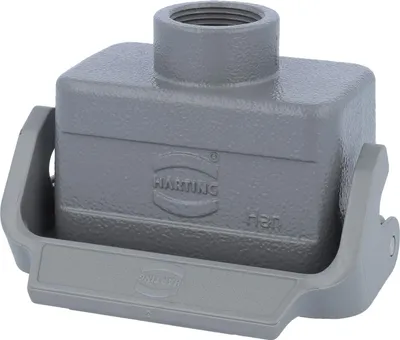 Produktbild von HARTING Han 10B Kupplungsgehäuse niedrig, 1xPG16 gerader Kabelabgang, mit 1 Längsbügel Verschraubung PG16 Klemmbereich
