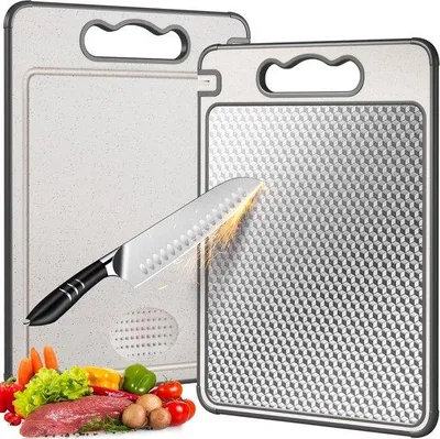 Image de Planche à découper double face en acier inoxydable 304, 36 x 25 cm, une face pour la viande et l'autre pour les légumes, lavable au lave-vaisselle
