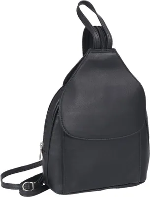 Produktbild von kleiner Lederrucksack mit Überschlag, schwarz, teilbarer Schulterriemen