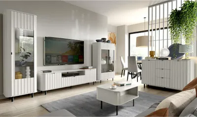 Produktbild von Wohnzimmer-Set mit Design-Fronten in Wellenoptik, Weiß, modern, 5-teilig - NASHVILLE-161