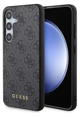 A smartphone case with a repeating Guess logo pattern is shown next to a smartphone.