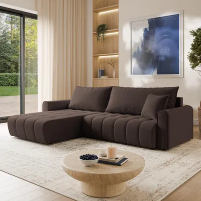 Produktbild von Masseno Ecksofa FRIGA mit Schlaffunktion L-Form, Sofa mit Bettkasten, Wohnzimmersofa, Couch, Soffa, Bettsofa, Couchgarnitur- Braun, ARAGON 26
