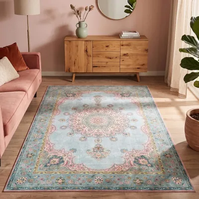 Produktbild von Volero - Teppich Vintage - Lily Medaillon Hellblau Türkis - 80x150 cm - Wohnzimmer, Esszimmer, Schlafzimmer - Klassik