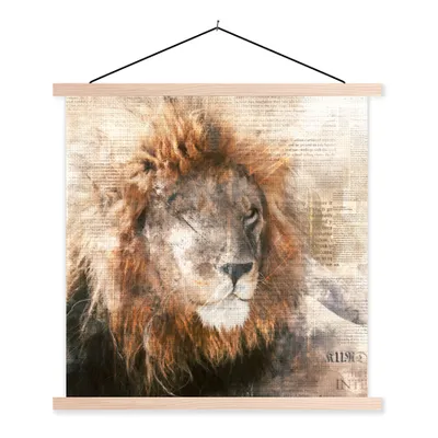 Produktbild von MuchoWow® Textilposter Löwe - Zeitung - Farben 120x120 cm mit holzfarbenen Rahmen - Textil-Poster