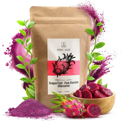Image de Mary Rose - Thé matcha rose à la poudre de fruit du dragon 50 g - Pitaya lyophilisée - Superaliment pour latte - Colorant alimentaire - Riche en vitamine C