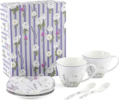 Produktbild von HOME ELEMENTS Set aus zwei Tassen 250 ml mit Untertassen und Löffeln, Lavendel