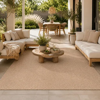 Produktbild von In- & Outdoor Flachgewebe Teppich Porto Beige Meliert Karo, Größe:80x320 cm