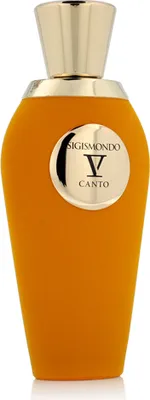 A perfume bottle with a gold cap and an orange, velvety texture.