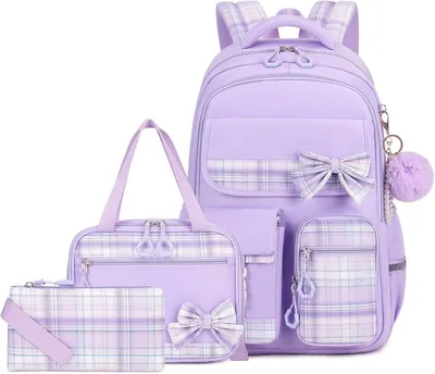 Obrázok produktu pre Školská taška pre dievčatá, 3-dielna sada, batoh s obedárom a puzdrom, fialová, do školy