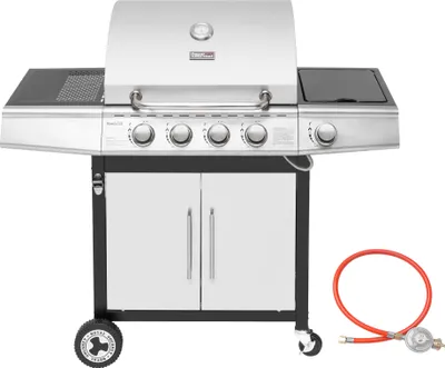 Produktbild von Royal Gourmet 4+1 Brenner Gasgrill Grillwagen mit automatischer Zündung,integriertem Thermometer und Unterschrank Edelstahl Brenner mit 14,5 kW Camping Gasgrill für Outdoor Barbecue Silber