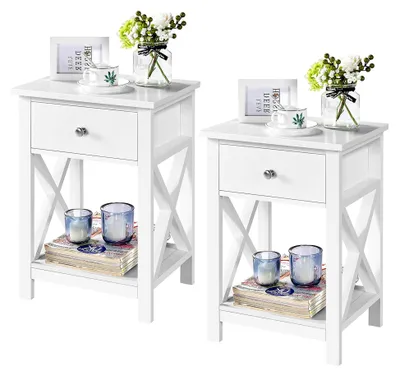 Produktbild von 2 Stück Nachttisch mit 1 Schublade und offenem Ablagefach, X-förmige Stützbeine, moderner Nachtschrank, Sofatisch für Schlafzimmer/Wohnzimmer, 40 × 30 × 55 cm