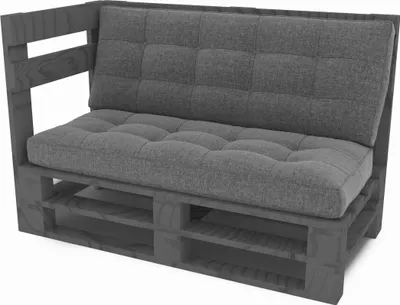 A gray pallet sofa with tufted cushions, shown from a front-side angle against a white background.