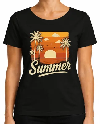 Produktbild von Summer Sonnenuntergang Palmen Retro Vintage Strand Urlaub Meer Damen T-Shirt, Schwarz, M