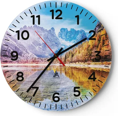 Produktbild von Wanduhr - Rund - Glasuhr - Herbst Landschaft Berge - 30x30cm - Schleichendes Uhrwerk - Lautlos - zum Aufhängen bereit - Dekoration Modern - Wanddekoration aus Glas - C4AR30x30-4624