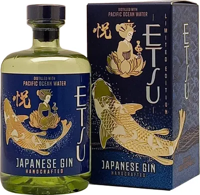 A bottle of Etsu Japanese Gin and its packaging are displayed side-by-side against a white background.