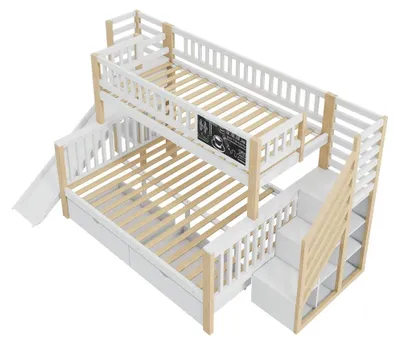 Immagine prodotto di Letto per bambini - Letto a castello - Realizzato in legno massello - Con scala - Con spazio contenitivo - Con scivolo - Dimensioni 140 x 200 cm - Bianco e naturale