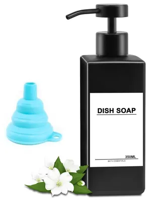 Image de Distributeur de savon noir mat, distributeur de savon moderne en verre (350 ml), distributeur de gel douche, flacon de shampoing rechargeable, distributeur de liquide vaisselle, flacon pompe en acier inoxydable pour la cuisine, flacon de shampoing avec pompe pour la douche et la salle de bain
