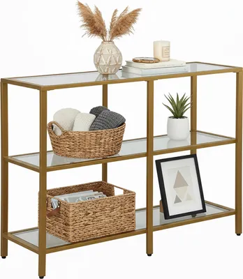 Produktbild von Relaxdays Konsolentisch, HxBxT: 73 x 100 x 30 cm, Metall, Glas, schmale Konsole Flur, Flurtisch mit 3 Ablagen, gold