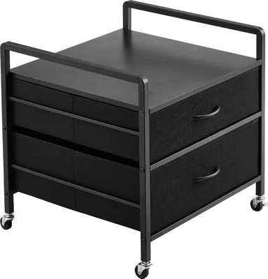 A black storage cart with drawers and a top surface, resting on casters.