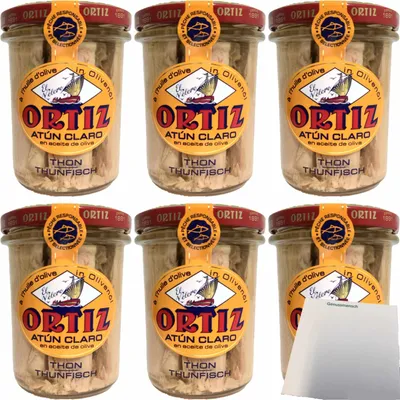 Produktbild von Conservas Ortiz Atún Claro, feinster Gelbflossen-Thunfisch in Olivenöl 6er Pack (6x220g Glas) + usy Block