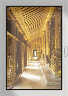 Produktbild von Wallario Lichtschutzbild, Dekorativer Sichtschutz Sonnenschutz 76 x 115 cm mit Motiv: Buddhistischer Tempel aus Holz - Mandaley - Verdunklung ohne Bohren