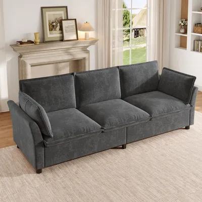 Immagine prodotto di Divano a tre posti okwish con braccioli e imbottitura morbida, divano per il soggiorno in tessuto chenille, ideale per piccoli appartamenti, colore grigio