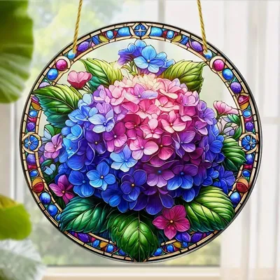 Produktbild von GKA XL Sonnenfänger Hortensien bunt 20 cm Buntglas Lichtfänger Fensterbild Fenster Fensterschmuck Fensterdeko